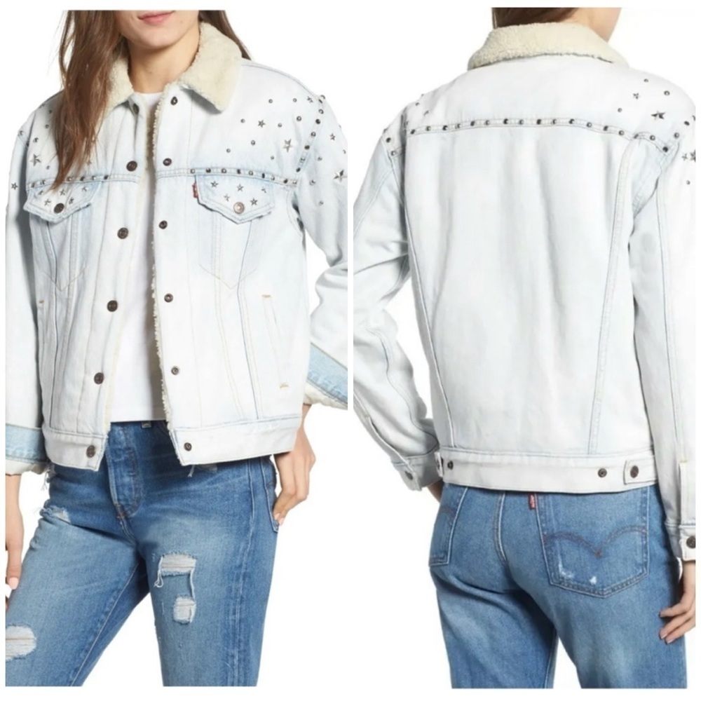 ❤️‍🔥Levi’s light wash Sherpa lined star studded denim trucker jacket size XL - Picture 16 of 16